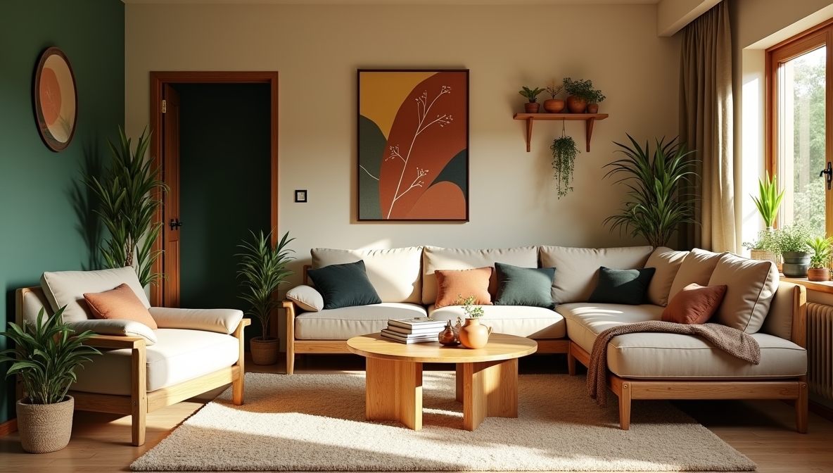 Bright living room with a cream sofa, wooden furniture and houseplants